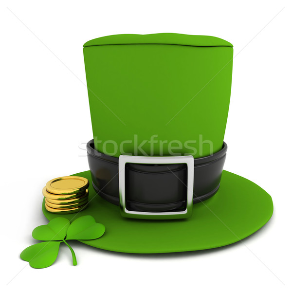 Stockfoto: St · Patrick's · Day · 3d · illustration · hoed · Shamrock · gouden · munten · groene