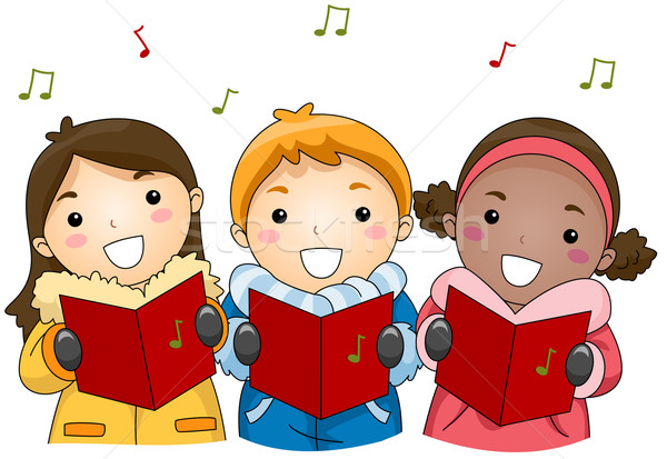 Foto stock: Natal · ilustração · crianças · cantando · criança · menino