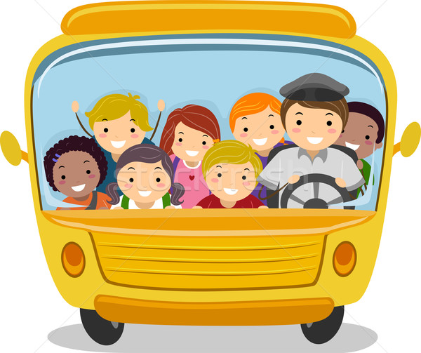 Autobuz scolar copii ilustrare şcoală calarie fată Imagine de stoc © lenm