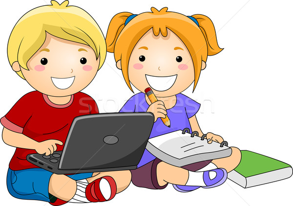 孩子們 使用筆記本電腦 研究 插圖 研究 筆記本電腦 商業照片 © lenm