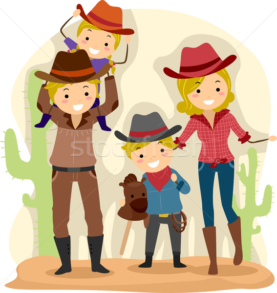 Foto d'archivio: Cowboy · famiglia · illustrazione · donna · uomo · ragazzi