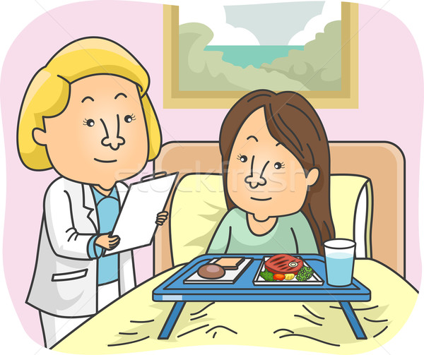 Mädchen Ernährungsberaterin Patienten Krankenhaus Illustration Bett Stock foto © lenm