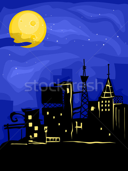 Città luna piena illustrazione luminoso splendente giù Foto d'archivio © lenm