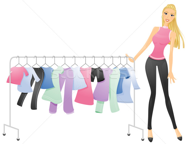 Vestir mulher empurrando cremalheira roupa negócio Foto stock © lenm