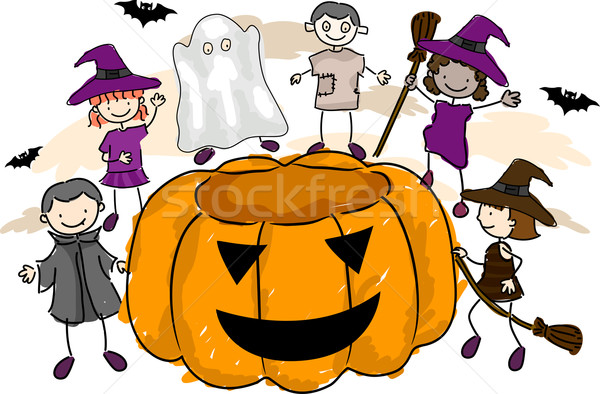 Stockfoto: Kinderen · halloween · illustratie · kostuums · kinderen