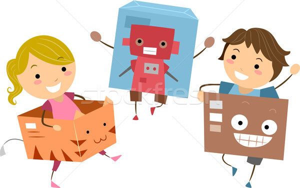 Foto stock: Ninos · jugando · cajas · ilustración · ninos · nino · nino