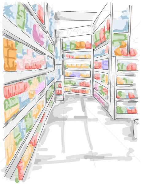 Lebensmittelgeschäft Regale Kunst Laden Skizze Produkte Stock foto © lenm