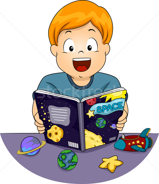 Astronomie copil ilustrare băiat lectură Imagine de stoc © lenm