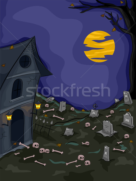 Abandonat cimitir halloween ilustrare cranii os Imagine de stoc © lenm