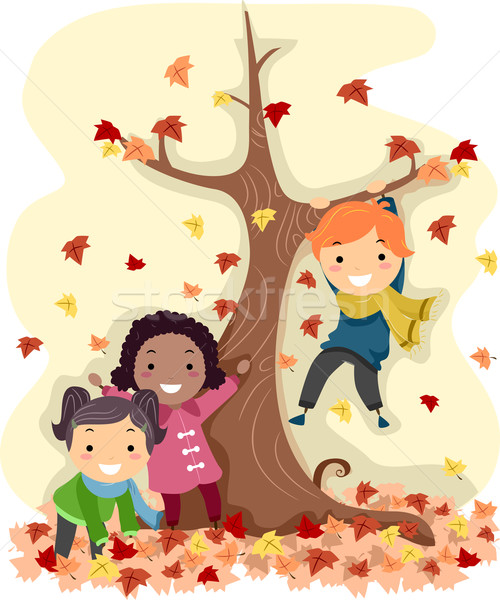 Stock foto: Herbstlaub · Illustration · Stick · Kinder · spielen · Kinder · Kind