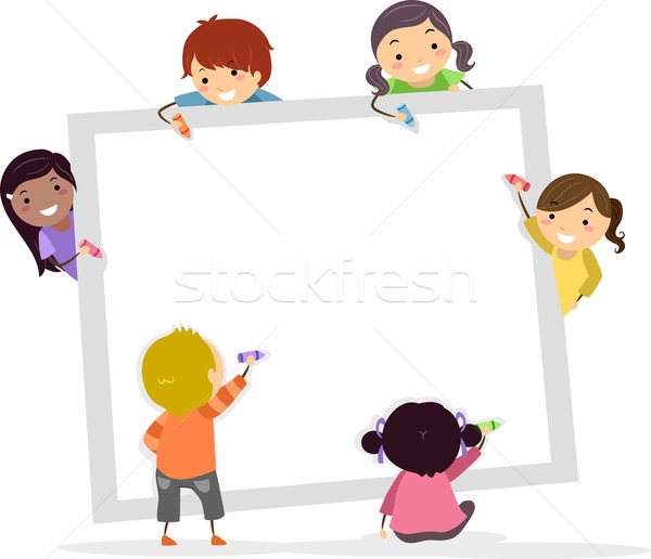 Stickman Kids with Crayons and Blank Square Board Stock photo © lenm