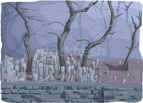 Hátborzongató temető illusztráció halott fák éjszaka Stock fotó © lenm