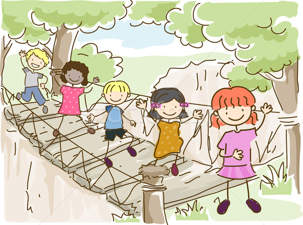 Suspendu pont aventure illustration enfants fille Photo stock © lenm