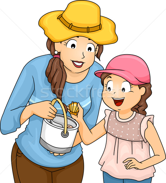 Stockfoto: Moeder · dochter · schelpen · illustratie · vrouw