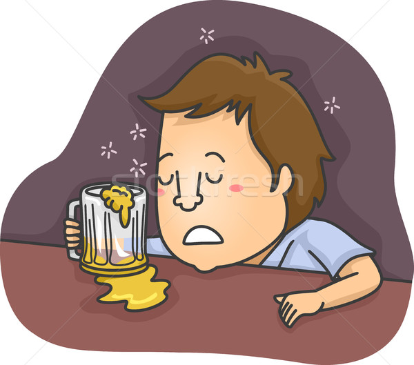 Foto stock: Hombre · borracho · bar · ilustración · dormir · cerveza