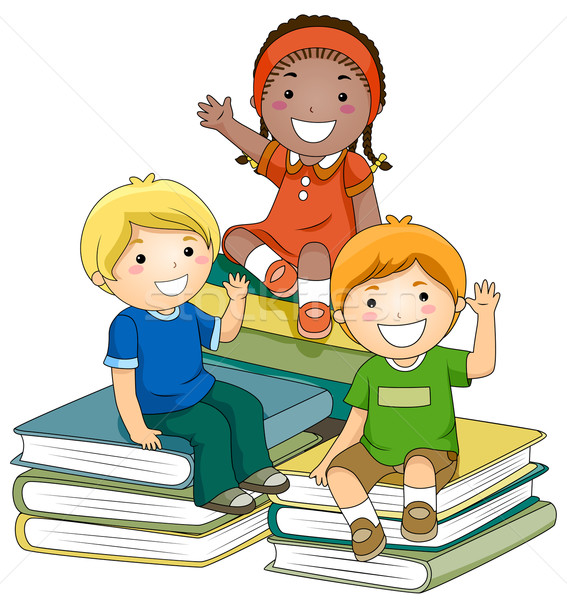 Foto stock: Ninos · libros · pequeño · grupo · sesión · nina · ninos