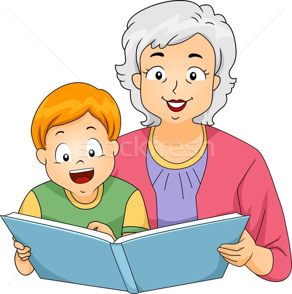 Oma lezing kleinzoon illustratie grootmoeder boek Stockfoto © lenm