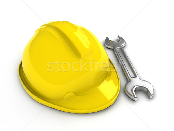 Schutzhelm Schraubenschlüssel 3D-Darstellung Arbeit Mechaniker Engineering Stock foto © lenm