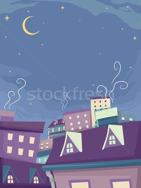 Stockfoto: Stedelijke · nachtelijke · hemel · grillig · illustratie · huizen · hemel