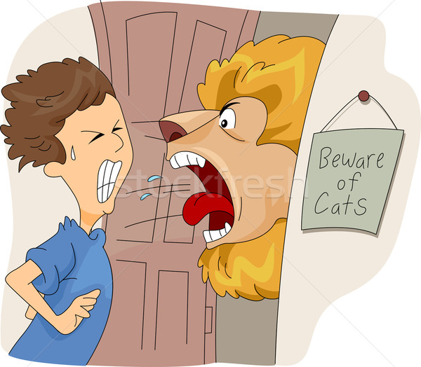 Vigyázat macskák illusztráció férfi oroszlán ajtó Stock fotó © lenm