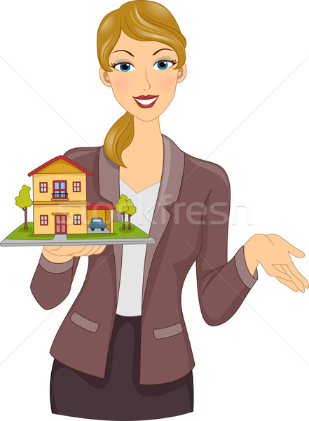Immobilienmakler Illustration halten Modell Haus Frau Stock foto © lenm