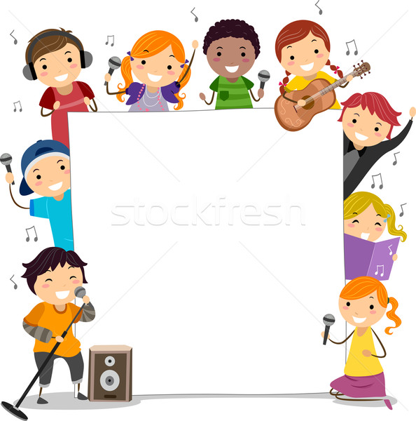 Foto stock: Cantando · ninos · ilustración · música · nina