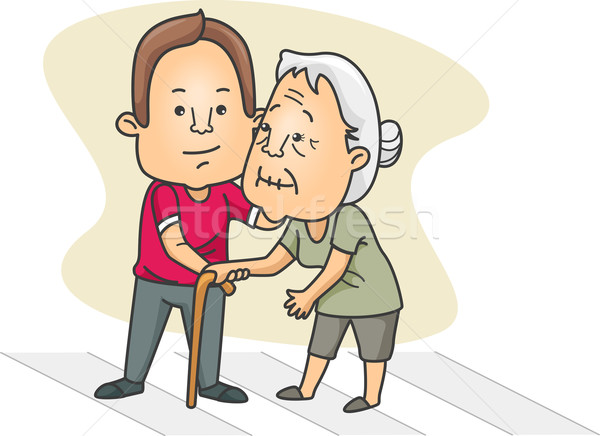 Homme aider vieille dame croix rue illustration Photo stock © lenm