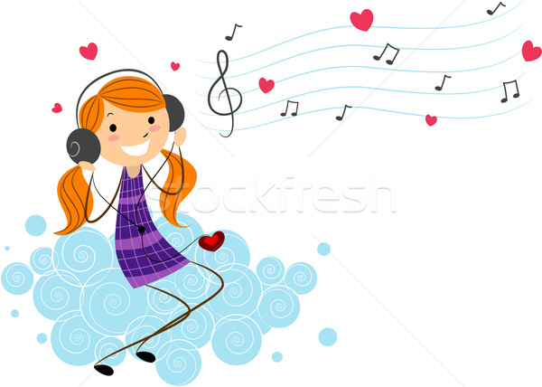 女孩 聽音樂 插圖 坐在 頭戴耳機 女 商業照片 © lenm