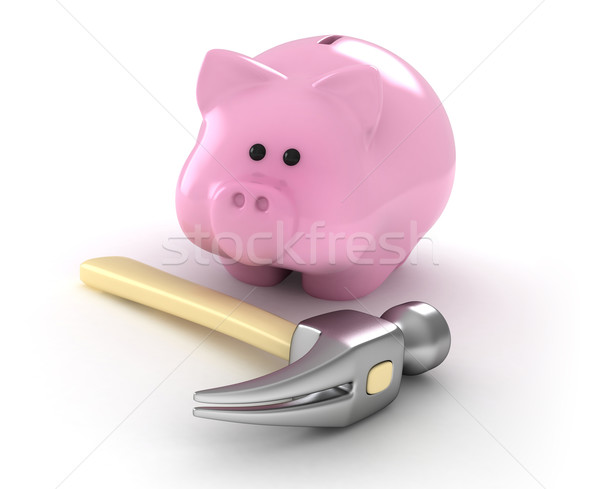 Zdjęcia stock: Banku · 3d · ilustracji · młotek · banku · piggy · ceny · różowy