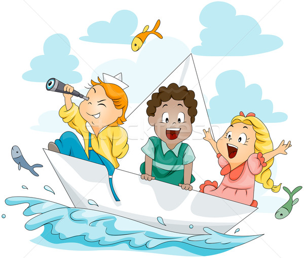 Crianças papel barco praia crianças Foto stock © lenm
