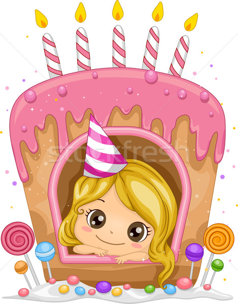 Stock fotó: Ablak · születésnapi · torta · illusztráció · lány · bent · torta