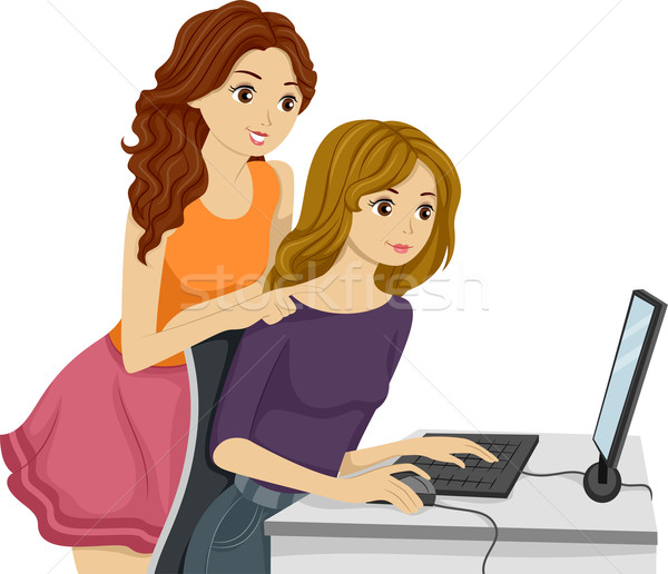 Computer Freunde Illustration weiblichen zusammen Studie Stock foto © lenm