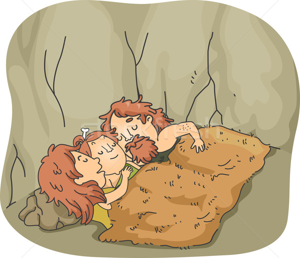 Jaskiniowiec rodziny spać ilustracja snem wraz Zdjęcia stock © lenm