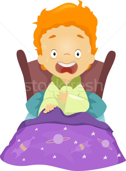 Cosmar ilustrare băiat in sus copil pat Imagine de stoc © lenm
