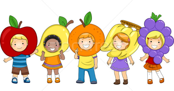 Foto stock: Ninos · frutas · ilustración · escuela