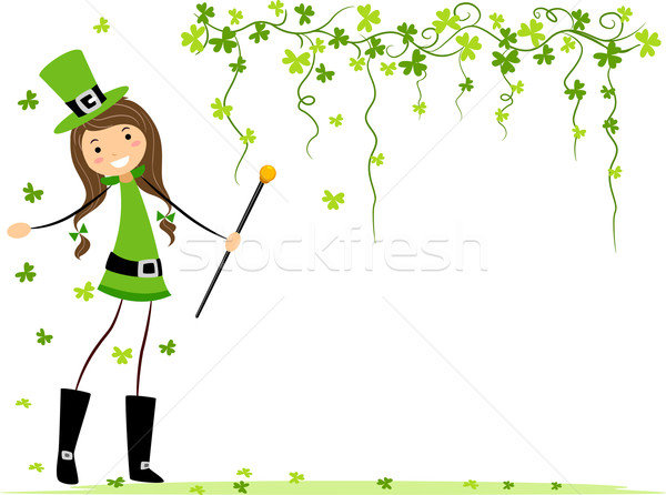 Foto stock: Nina · jugando · ilustración · mujer · verde · plantas