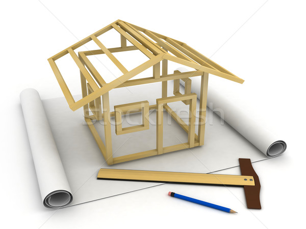 Model schelet casă ilustrare 3d top lemn Imagine de stoc © lenm