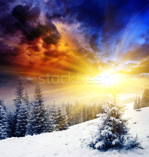 Inverno pôr do sol montanhas paisagem dramático Foto stock © Leonidtit