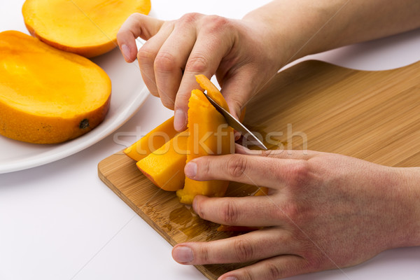 Peeling Off The Fruit Flesh From The Mango Skin Stock photo © leowolfert