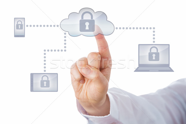 Stock photo: Finger Pushing Cloud Icon Linked To Mobile Devices