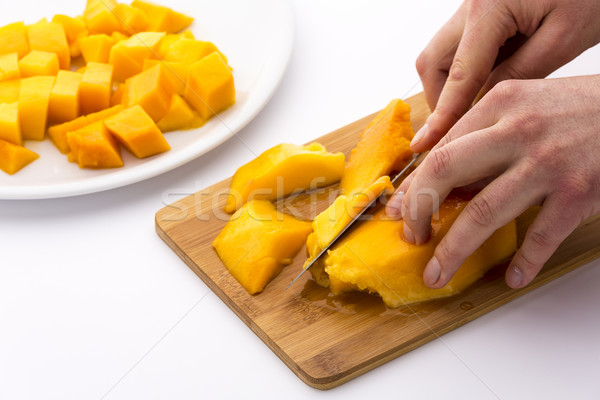 Cutting Juicy Fruit Pulp Around A Mango Pit Stock photo © leowolfert