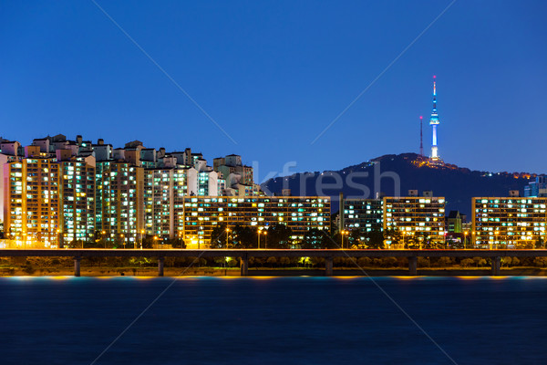 Сеул ночному городу здании горные городского стали Сток-фото © leungchopan