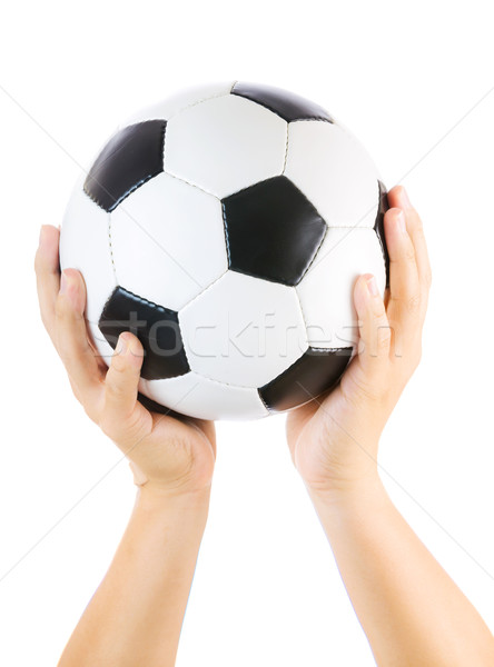ストックフォト: 手 · サッカーボール · アップ · 孤立した · 白