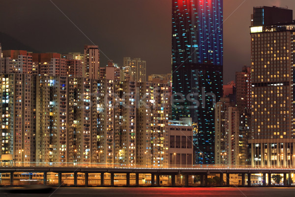 Stockfoto: Woon- · gebouwen · Hong · Kong · nacht · kantoor · water