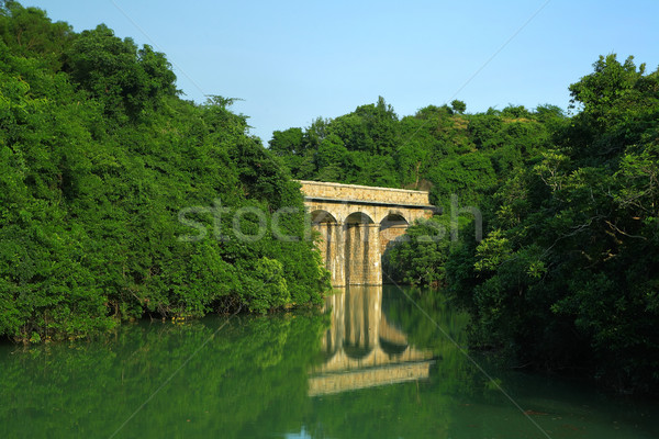 Lago pedra ponte céu água floresta Foto stock © leungchopan