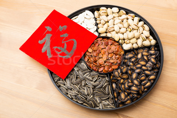 Assorted chinese sytle snack tray and chinese calligraphy, meani Stock photo © leungchopan