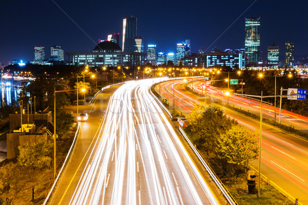 Tráfego trilha Seul noite da cidade edifício cidade Foto stock © leungchopan