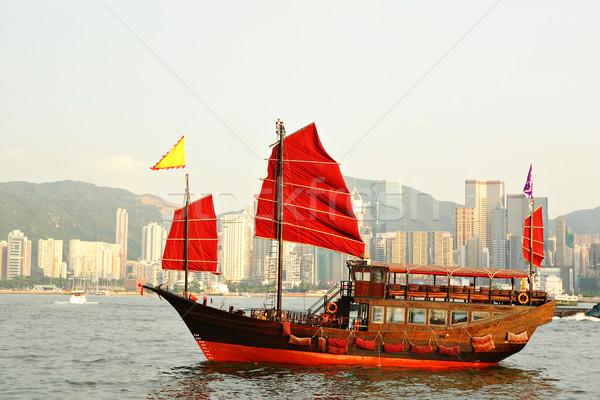 Hong Kong harbor with red sail boat Stock photo © leungchopan