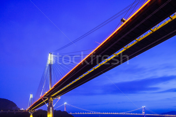 [[stock_photo]]: Pont · suspendu · Hong-Kong · nuit · eau · paysage · mer