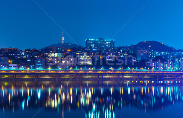 Сеул ночь здании морем горные Skyline Сток-фото © leungchopan